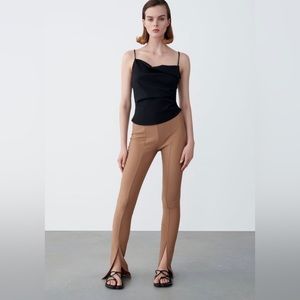 Zara Slit Ribbed Leggings in Light Camel